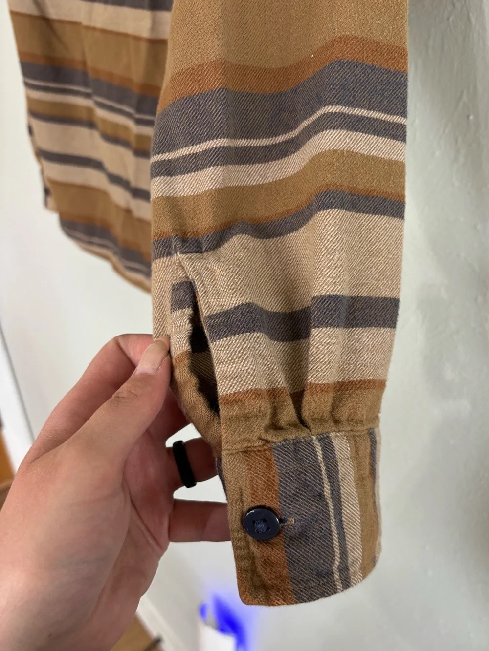 American Eagle Striped Button-Up Shirt in Tan and Brown